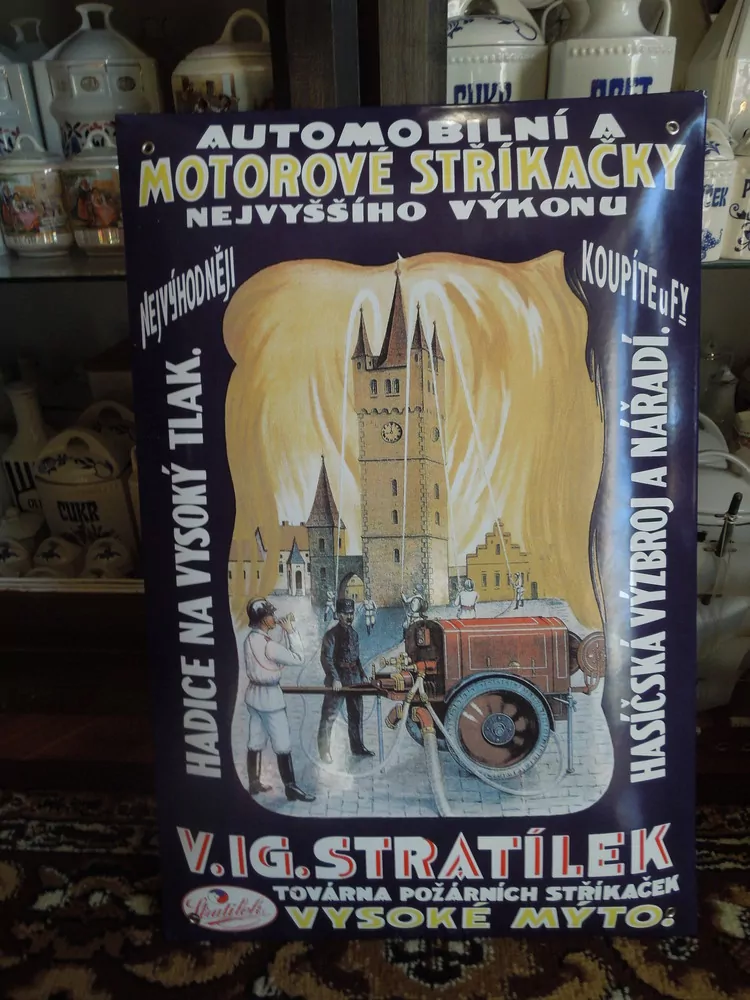 Plechová smaltová cedule na hasičské stíkačky
