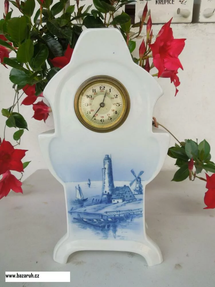 STAROŽITNÉ KRBOVÉ , STOLNÍ PORCELÁNOVÉ HODINY TEPLICE MOTIV MLÝNY