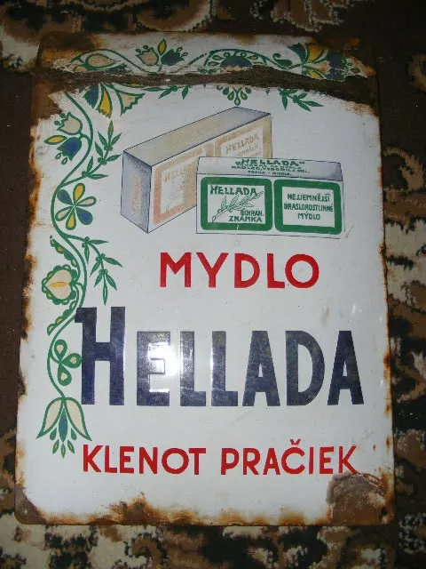 PLECHOVÁ smaltovaná cedule Hellada mýdlo 