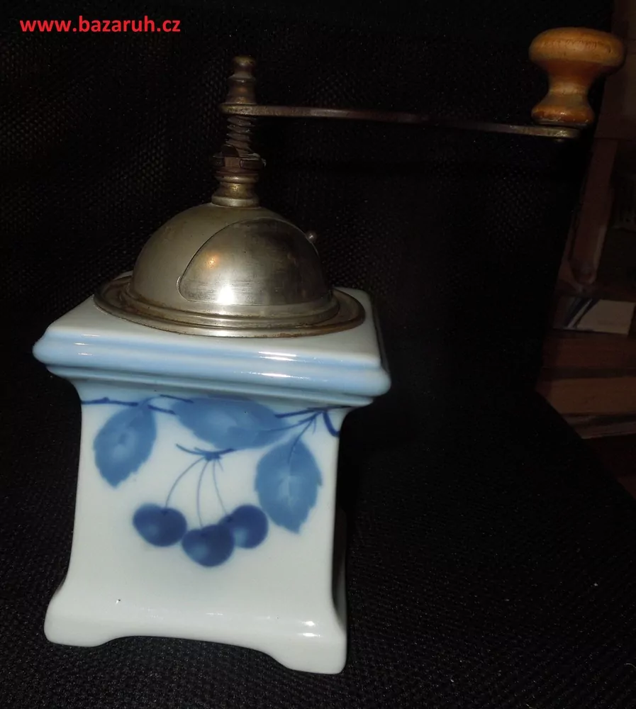 STAROŽITNÝ MLÝNEK KAFEMLÝNEK KÁVOMLÝNEK PORCELÁNOVÝ LEINBROCK  MODRÉ TŘEŠNĚ
