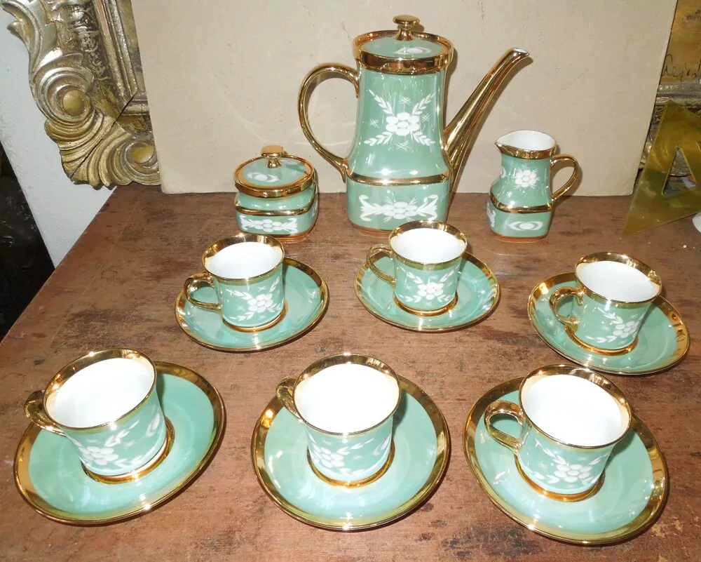 KÁVOVÁ  SOUPRAVA ZELENÁ SE VZOREM ČESKÝ PORCELÁN
