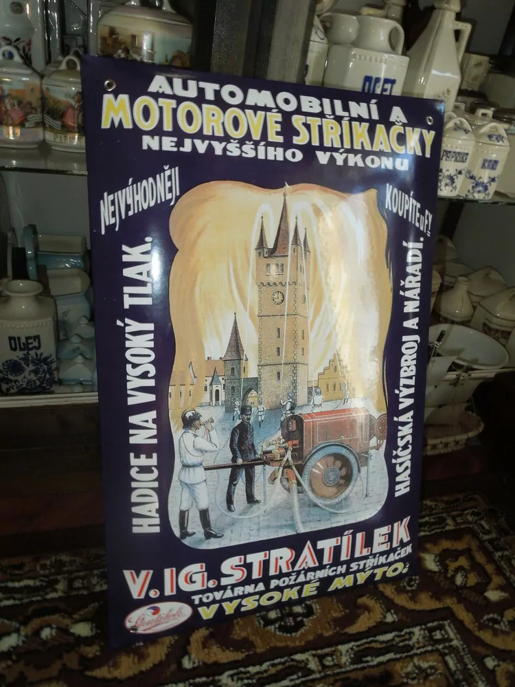 Plechová smaltová cedule na hasičské stíkačky