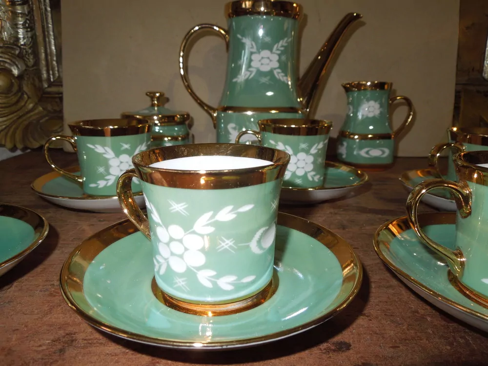 KÁVOVÁ  SOUPRAVA ZELENÁ SE VZOREM ČESKÝ PORCELÁN