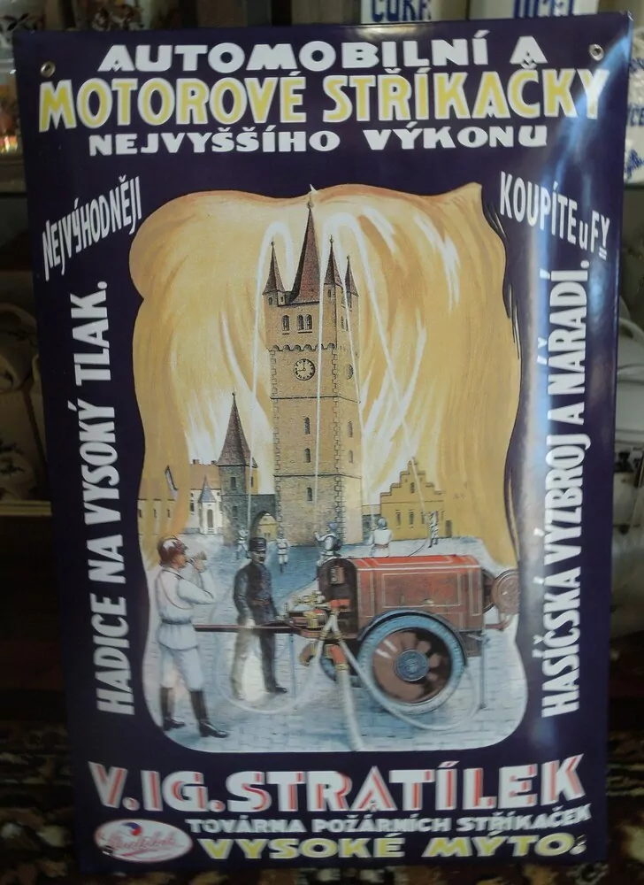 Plechová smaltová cedule na hasičské stíkačky