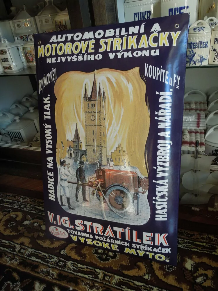 Plechová smaltová cedule na hasičské stíkačky