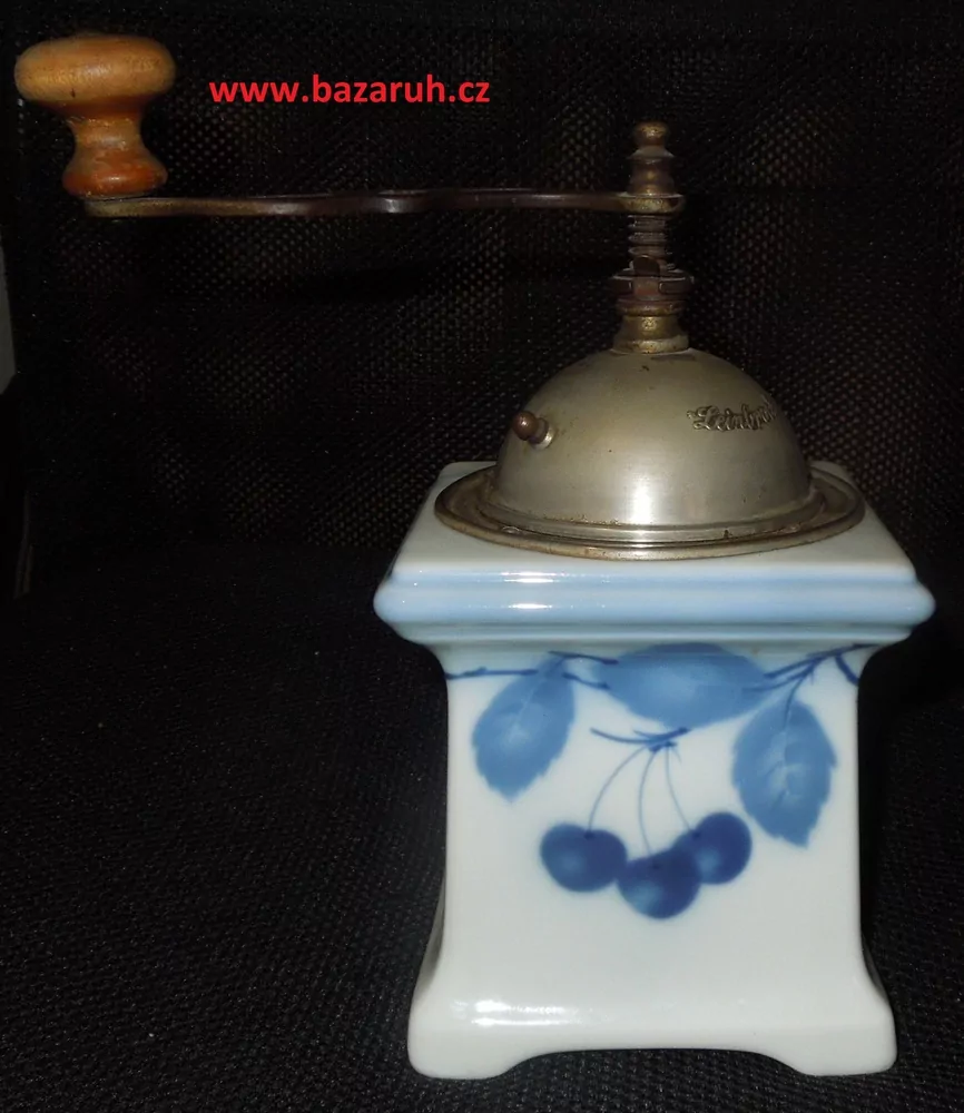 STAROŽITNÝ MLÝNEK KAFEMLÝNEK KÁVOMLÝNEK PORCELÁNOVÝ LEINBROCK  MODRÉ TŘEŠNĚ